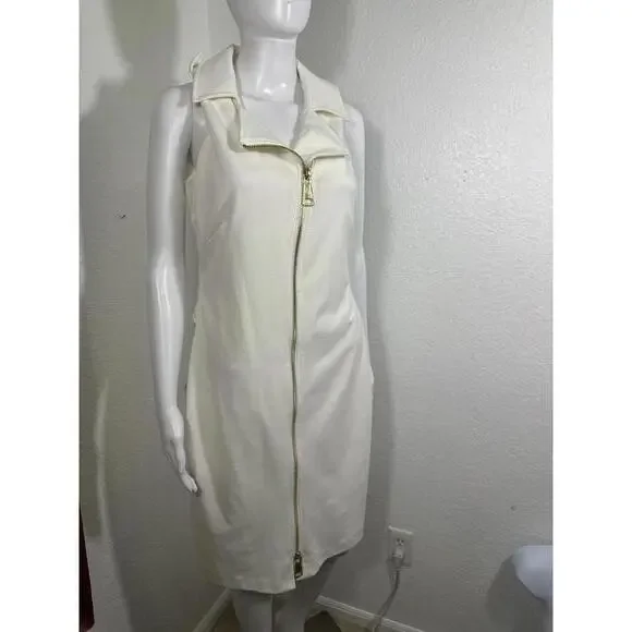 Calvin Klein White Moto Zip Dress Size 10 Sleeveless Belted Minimalist Chic - Picture 6 of 6